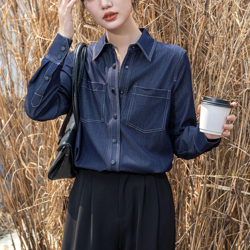 Новая повседневная и элегантная джинсовая рубашка с длинными рукавами в стиле ретро в стиле Гонконга
