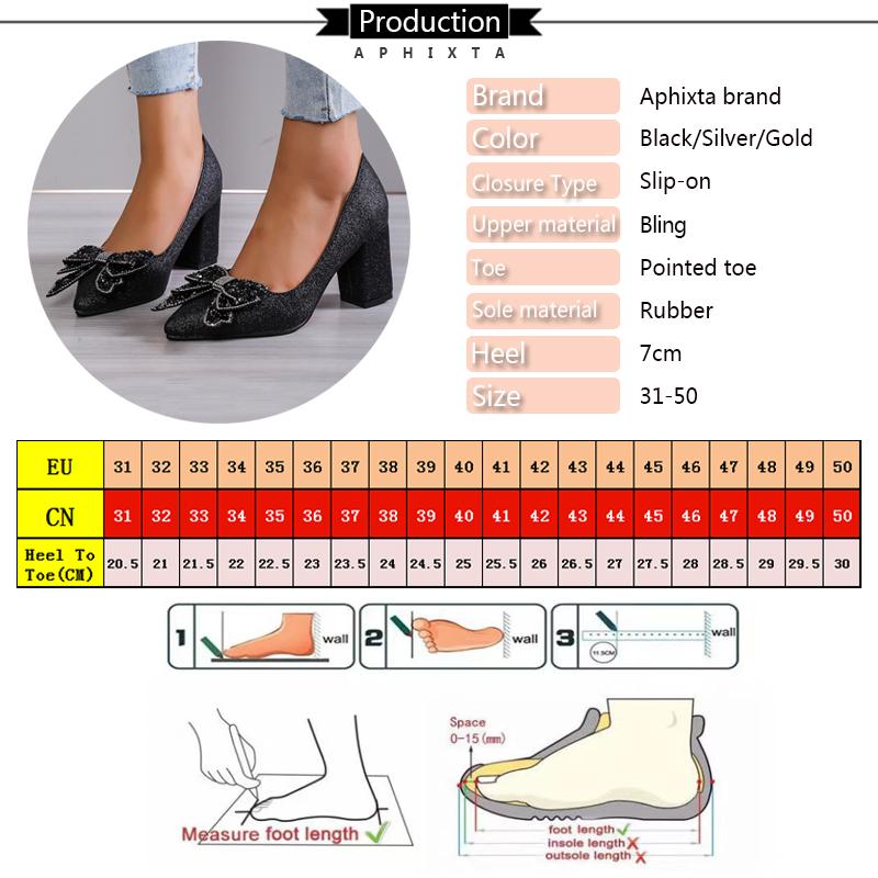 Fashion Aphixta New Appliques 7cm Square Heel Shoes Women Pumps Bling Butterfly-knot Flowers Officile Pointed Toe Super Big Size 49 50