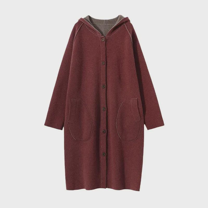Женское кашемировое пальто с капюшоном — толстое, теплое, средней длины, выше колена, кардиган для осени и зимы