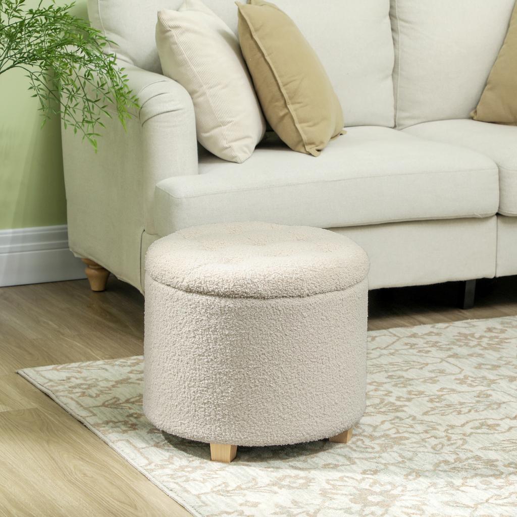 Round ottoman with storage space, lid and wooden legs, footstool for living room, hallway, bedroom, cream white