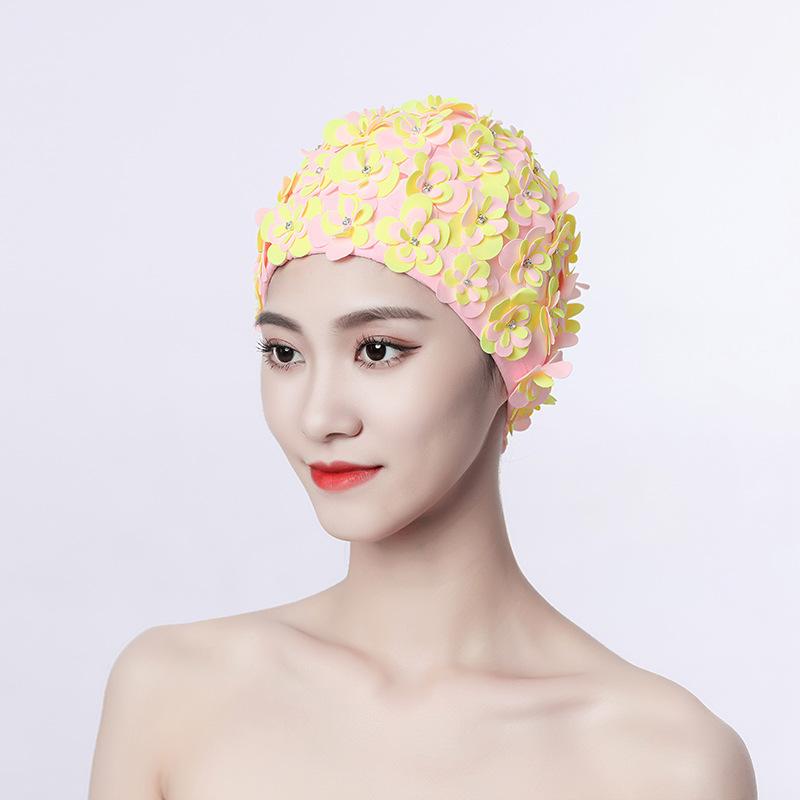 Шапочка для плавания женская с бриллиантовым цветком ручной работы, трехмерная, прошитая вручную, трехслойный цветок, не сдавливает голову, двойная ткань, для плавания, спа