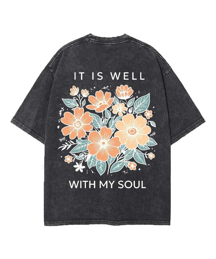 Christian Faith T Shirt It Is Well With My Soul Orange Wildflower Pattern Front Back Print Vintage Washed Short Sleeve Men Women