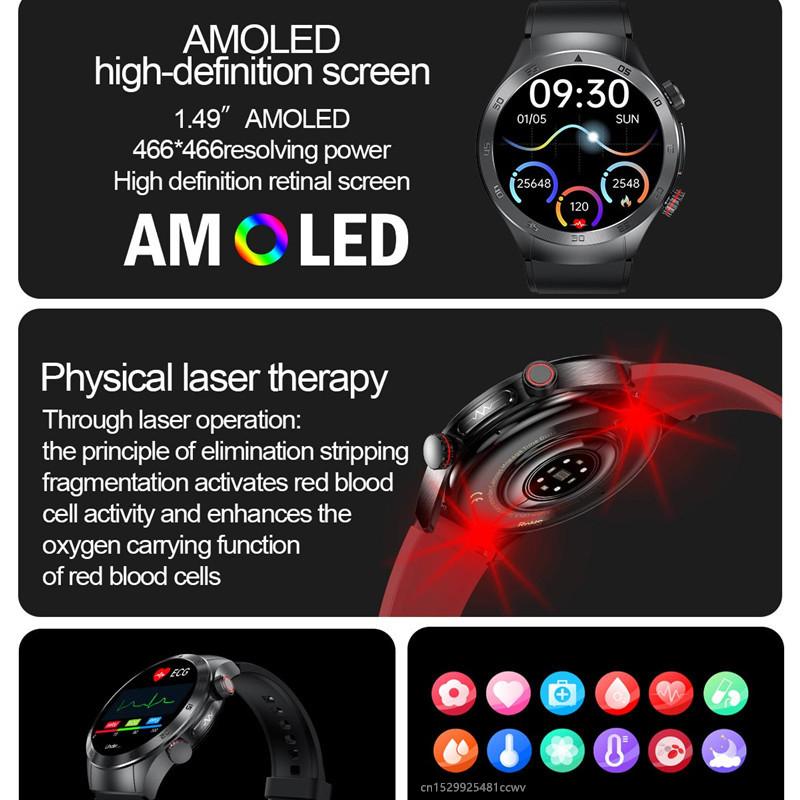 Smart Watch E800 Men 1.49" Amoled Screen ECG Laser Therapy Health Monitor SOS Bluetooth Call Sports Fitness Tracker Smartwatch