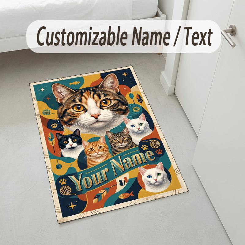 Cat Theme Crystal Velvet Rug Personalized Custom Name Text Soft Floor Mat Home Decor