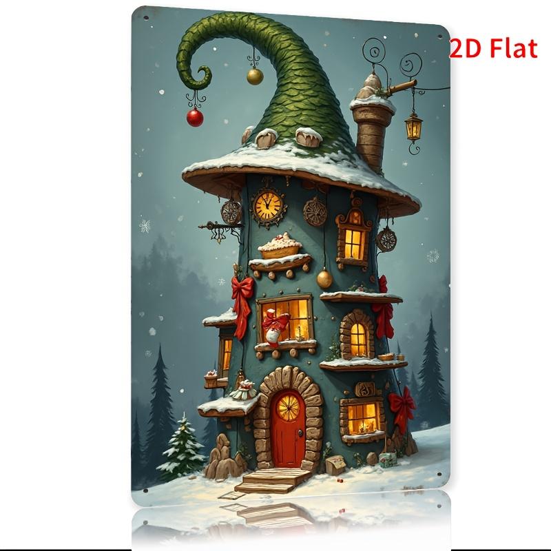 Metal Tin Sign Festive Christmas Cottage with Green Pointed Roof Durable Iron Wall Art for Home Living Room