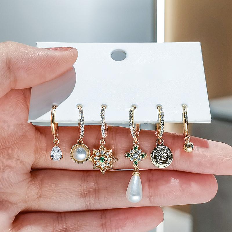 ANENJERY 6 шт./компл. серьги-кольца в форме капли с жемчужной звездой для женщин, классические дворцовые украшения, оптовая продажа
