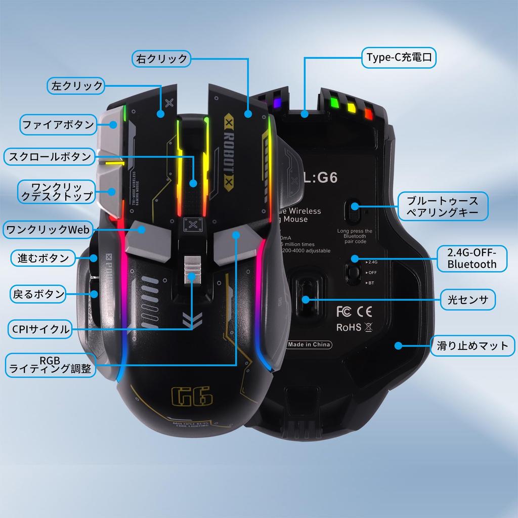 Lightweight Wireless Gaming Mouse, 2.4G+Bluetooth, Wired and Wireless, Type-C Rechargeable, 10 Buttons, 5-Level DPI Adjustment