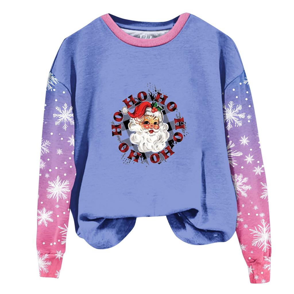 Женская мода повседневная толстовка с длинным рукавом и принтом Санта-Клауса с круглым вырезом
