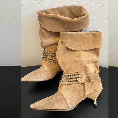 Мода Liyke Модный дизайн Цепь Металлическая пряжка Ботинки до середины икры Женские Винтажные Острый носок Странный низкий тонкий каблук Осень Зима Женская обувь