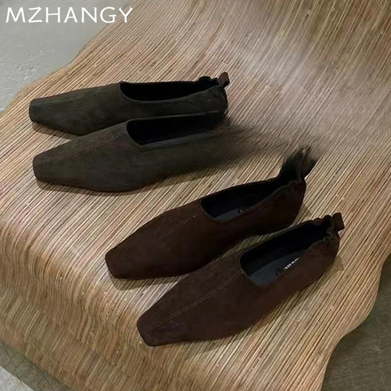 Модные замшевые женские туфли-лоферы с квадратным носком на плоской подошве, модная повседневная обувь для женщин 2025 года, удобные туфли для платья, новинка осени, Mujer Zapatillas