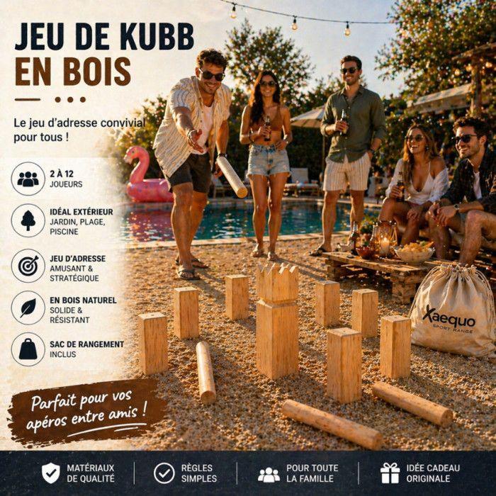 Jeu de Kubb - FERRY JOUETS - 21 pièces - Bois naturel - Filet de rangement - 2-12 joueurs