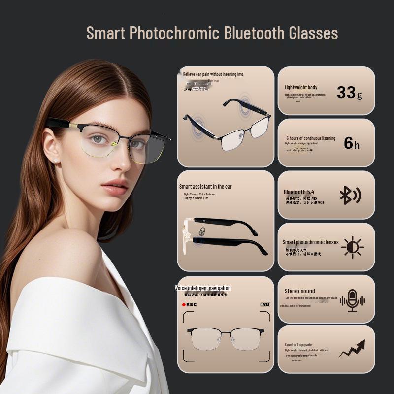Smart Bluetooth Glasses GS06: Metal Frame, Magnetic Charging, Photochromic Lenses, Stereo Sound.