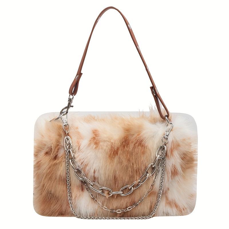 Classic Tie Dye Plush Satchel Bag, Women's Novelty Handbag, Faux Fur Chain Decor Purse For Winter