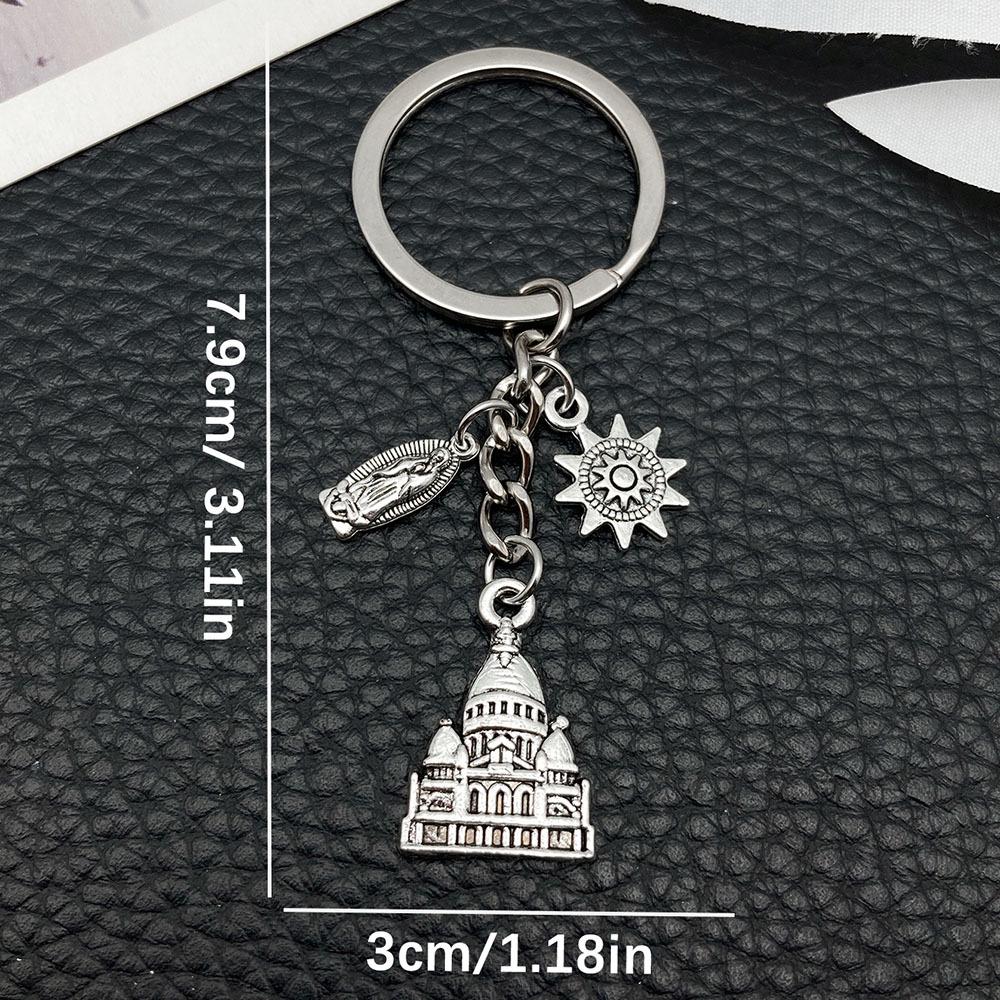 Ancient Silver Castle Sun Statue Zinc Alloy Keychain - Creative Backpack Accessory and Commemorative Pendant.
