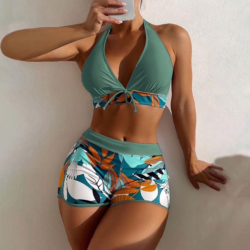 Women's Paneled Printed Swimsuit Ladies Fashion Sexy Split Boxer High Waist Swimsuit Two-Piece Set V-Neck Bathing Suits Female