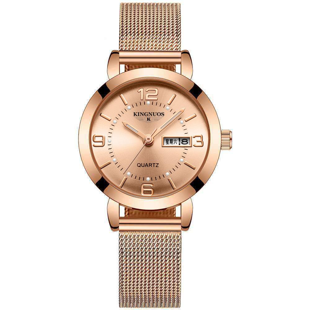 KINGNUOS кварцевые часы немеханические женские часы светящиеся водонепроницаемые двойной календарь женские наручные часы со стальным ремешком