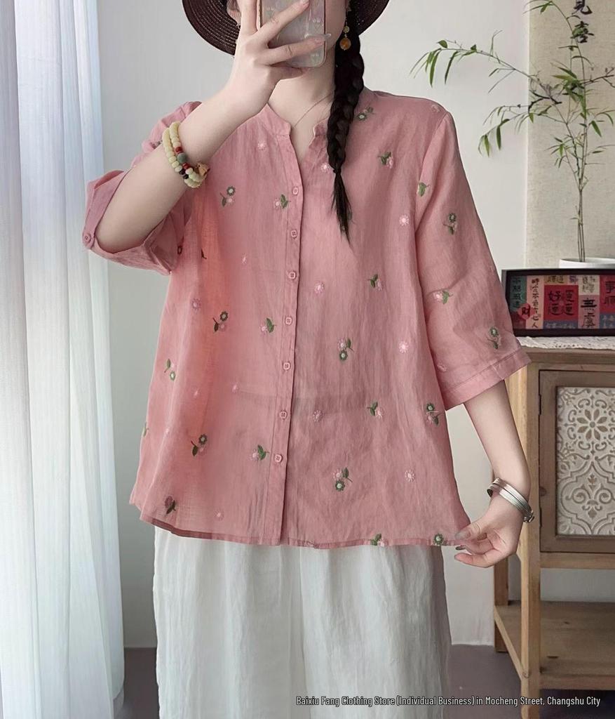Linen Women's Retro Embroidered Stand Collar Shirt - Summer 2026 Short Sleeve