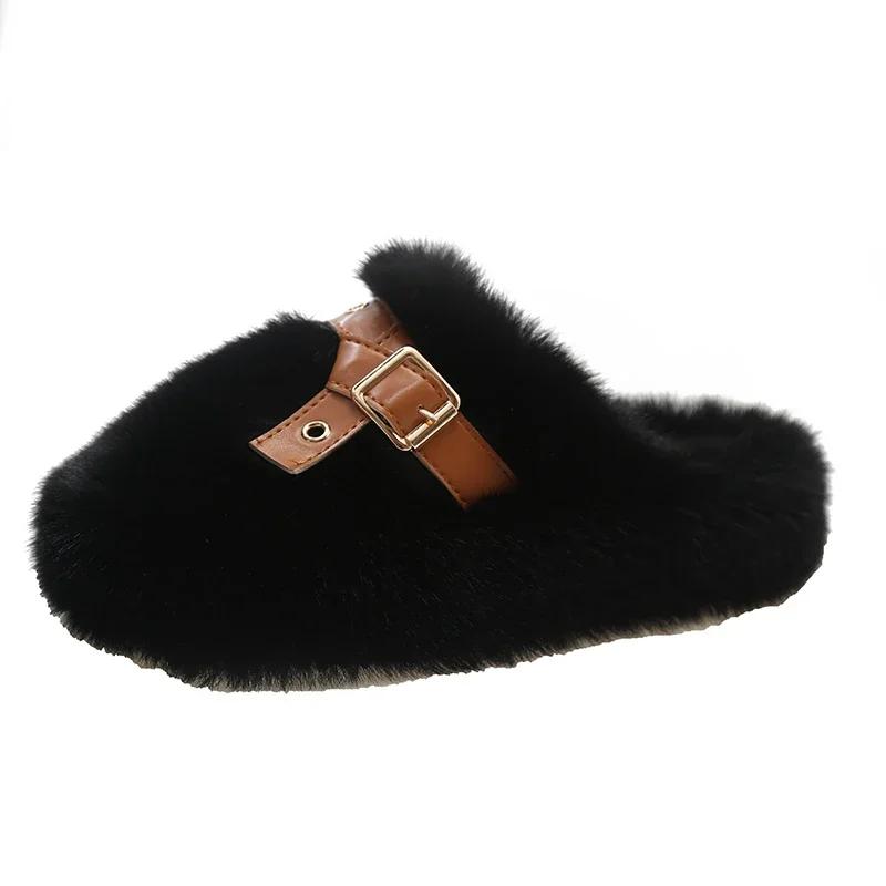 Fashion Slippers Women's Eyelet Buckled Fluffy Winter Slippers Winter Lady Thick Bottom Shoes Thick Flat Bottom Outerwear Plush Slippers