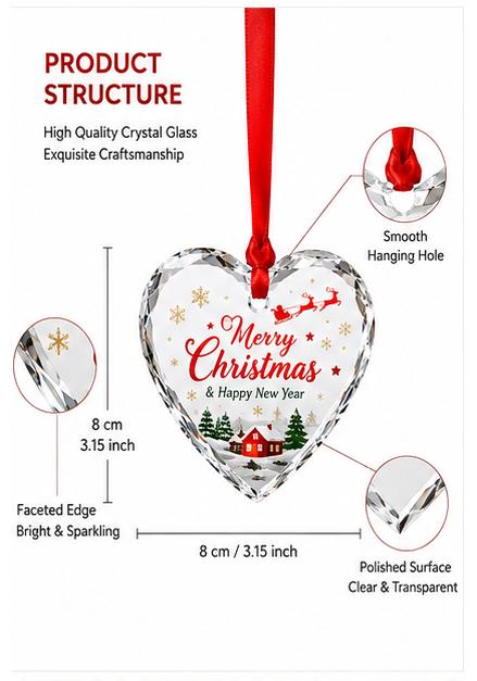 Custom Christmas Crystal Ornament Heart Shaped Hanging Glass Pendant Personalized Holiday Keepsake Gift