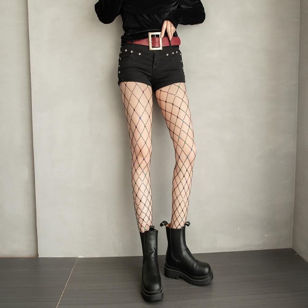 Large Mesh Rhinestone Star Pantyhose Y2K See-through Tights Colorful Fishnet Stockings Dance