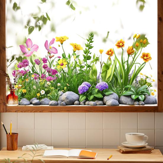 Цветочные растения в горшках Стеклянная наклейка Съемная Водонепроницаемая ПВХ Цветы Статическая стеклянная наклейка Декор для дома Гостиной Спальни Наклейка