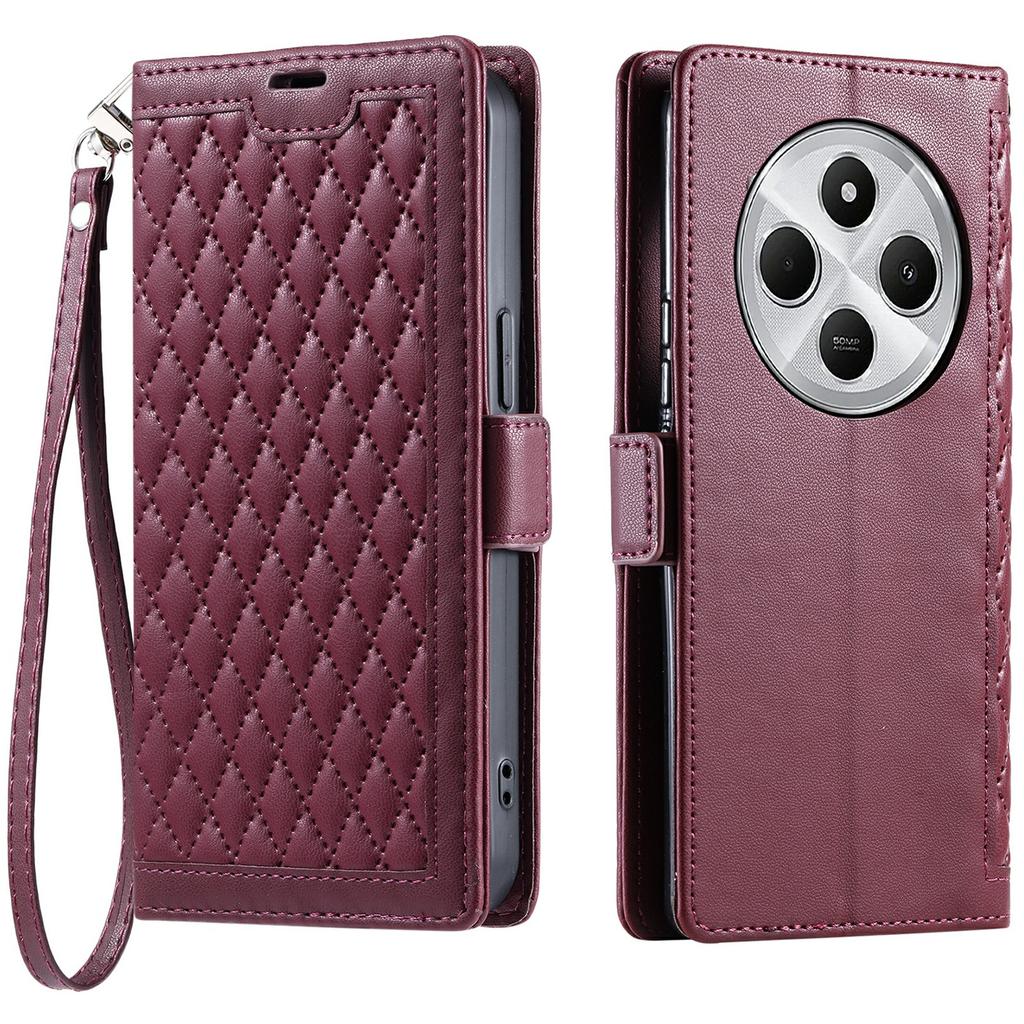 Leather Case For Xiaomi Redmi 14C 5G/14C 4G/14R 5G/Poco C75 4G Rhombus Texture Wallet Stand Phone Cover with Wrist Strap