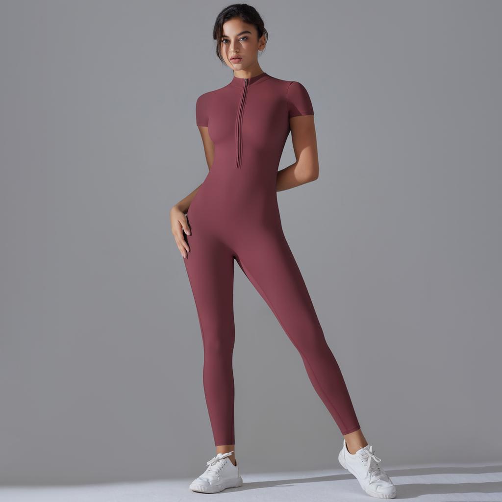Auroth спортивный комбинезон для бега с короткими рукавами, женский цельный комбинезон на молнии для йоги, персиковый комбинезон для тренировок на бедрах, фитнес-боди