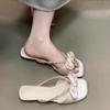 Summer New Cool Slippers Women's Bow Rhinestone Strap Thick Heel Versatile Sweet Gentle Square Head One-word Drag