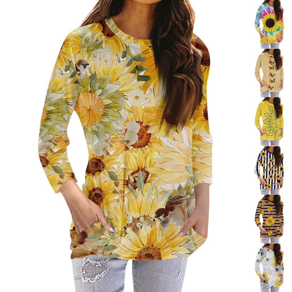 Women's Fashion Casual Round Neck Print 3/4 Sleeve Pocket T-Shirt Top