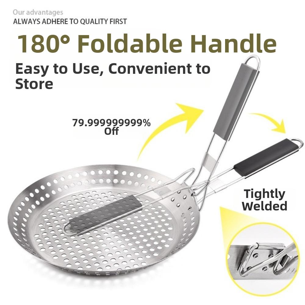 Circular BBQ Plate Folding Wood Handle Grill Fry Pan Portable Barbecue Tray  Outdoor Barbecue