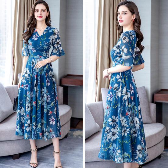 Женское повседневное струящееся шифоновое макси-платье А-силуэта с коротким рукавом и оборками, длинное платье с V-образным вырезом, летнее платье в стиле бохо с цветочным принтом