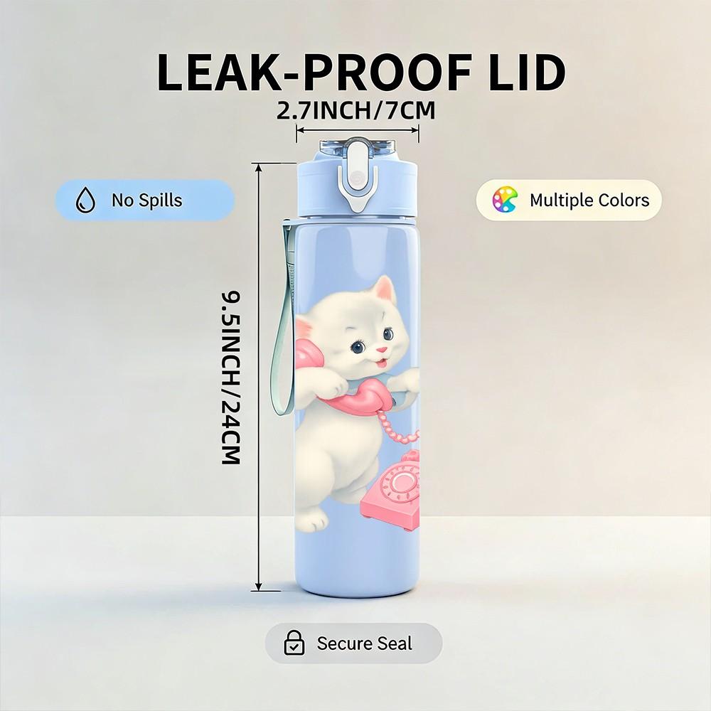 1PC White Kitten With Pink Bag 750ml Color Plastic Sports Water Bottle Leakproof Flip Straw Lid Suitable for Sports Office Home Use
