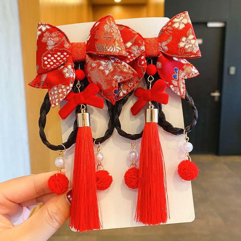 2 шт. Детский головной убор Парик Коса Заколка Кисточка Ханфу Головной убор Красный бант Заколка для волос Праздничный на Новый год