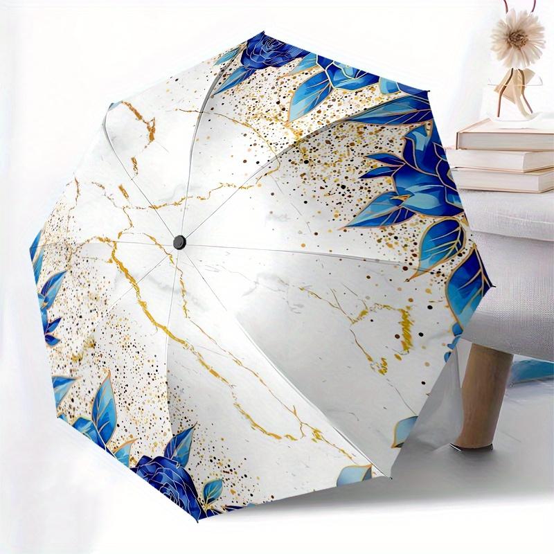 Marble Floral Automatic Folding Umbrella Simple 8 Rib Design, Bright Cartoon Pattern, Durable Iron Frame, Suitable For Travel, Outdoor, Bea