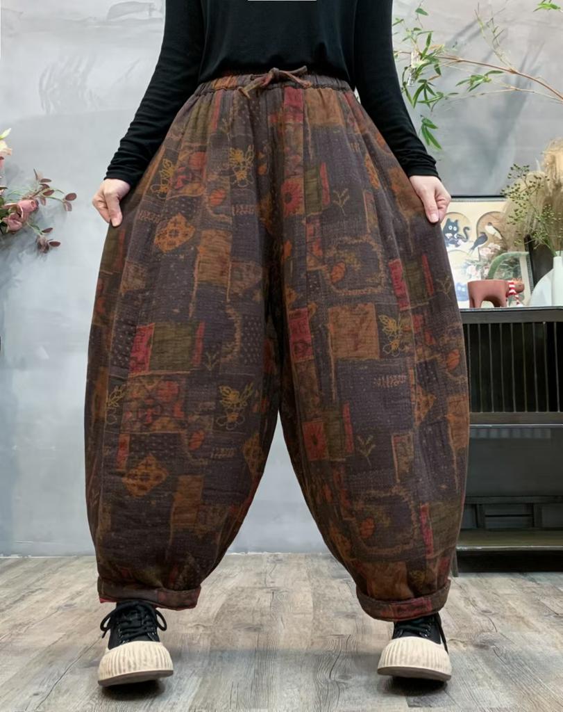 Johnature Женские зимние модные брюки-шаровары в винтажном стиле с принтом, свободные повседневные брюки с эластичной резинкой на талии в китайском стиле