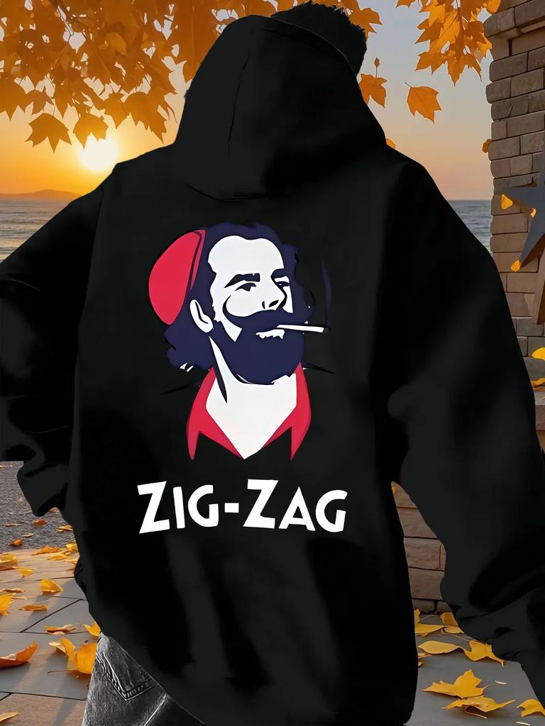 Casual Fleece-Lined Print hoodie - Warm Pullover with "ZIG-ZAG" Graphic