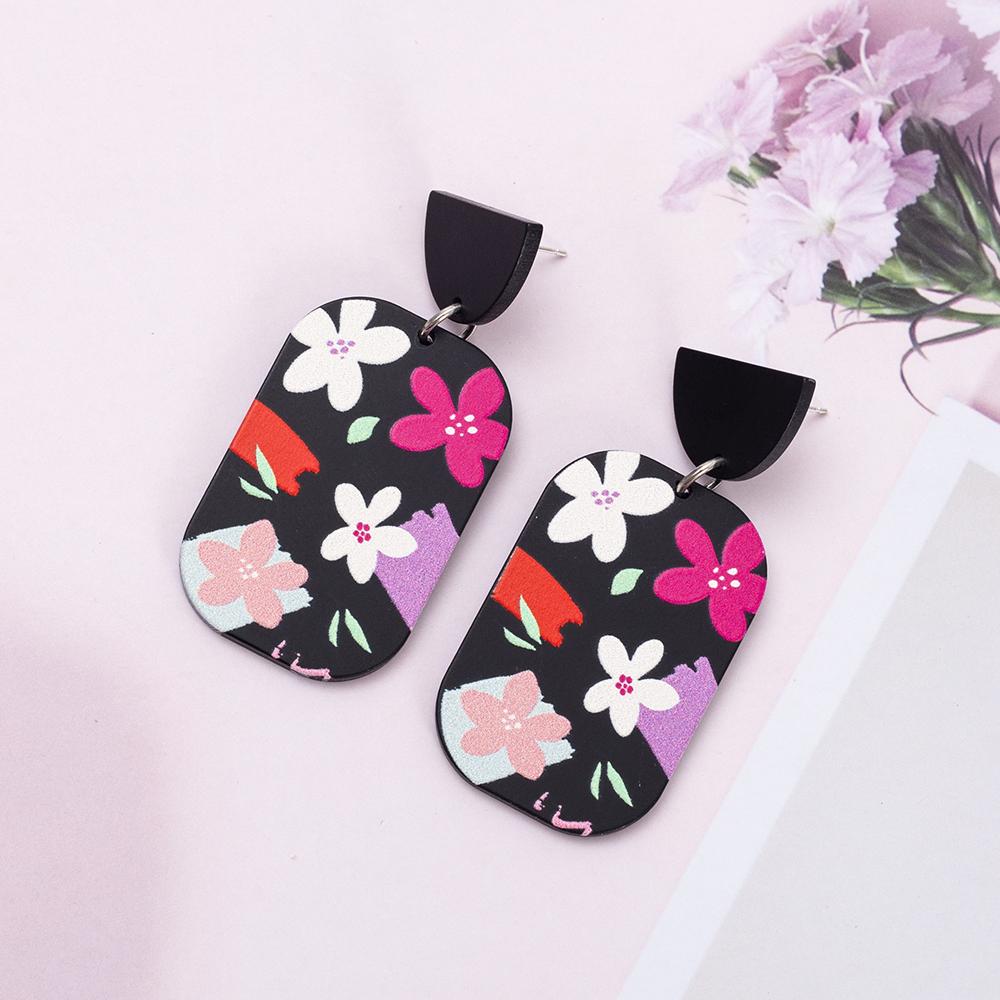 Acrylic Relievo Colorful Print Women's Flower Earrings Dangle Vintage Elegant Personality Jewelry New Clothing Accessories Gift