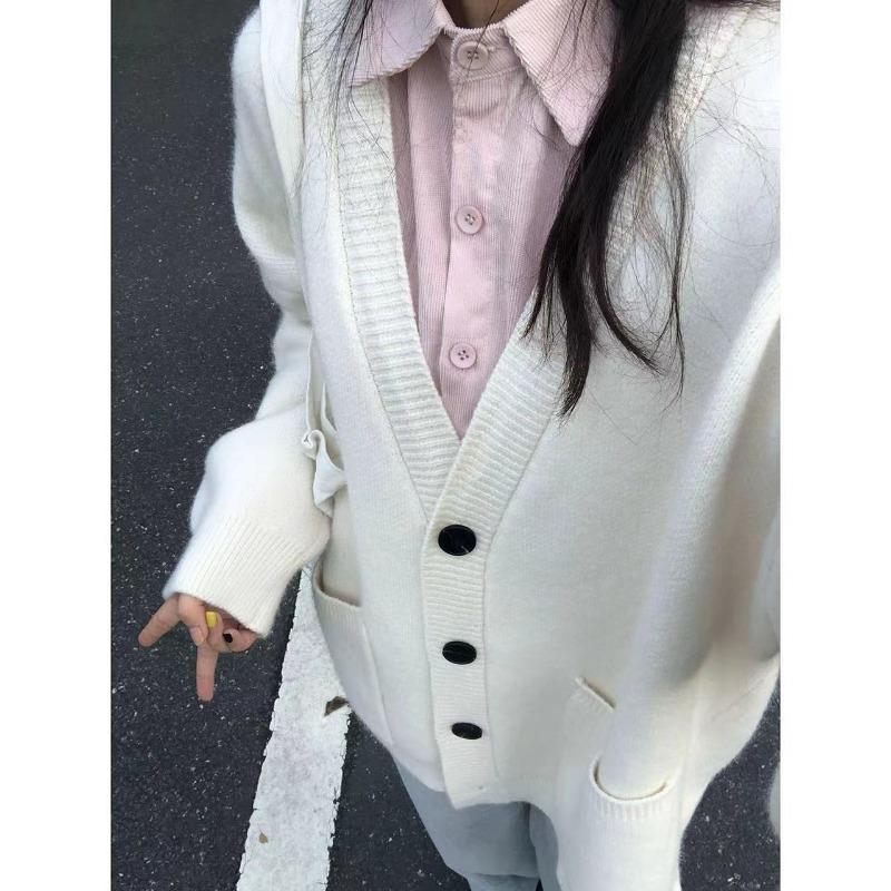 Мягкий восковой ленивый свитер-жакет с V-образным вырезом и длинными рукавами для женской осенне-зимней повседневной верхней одежды свободного кроя, вязаный кардиган для женщин