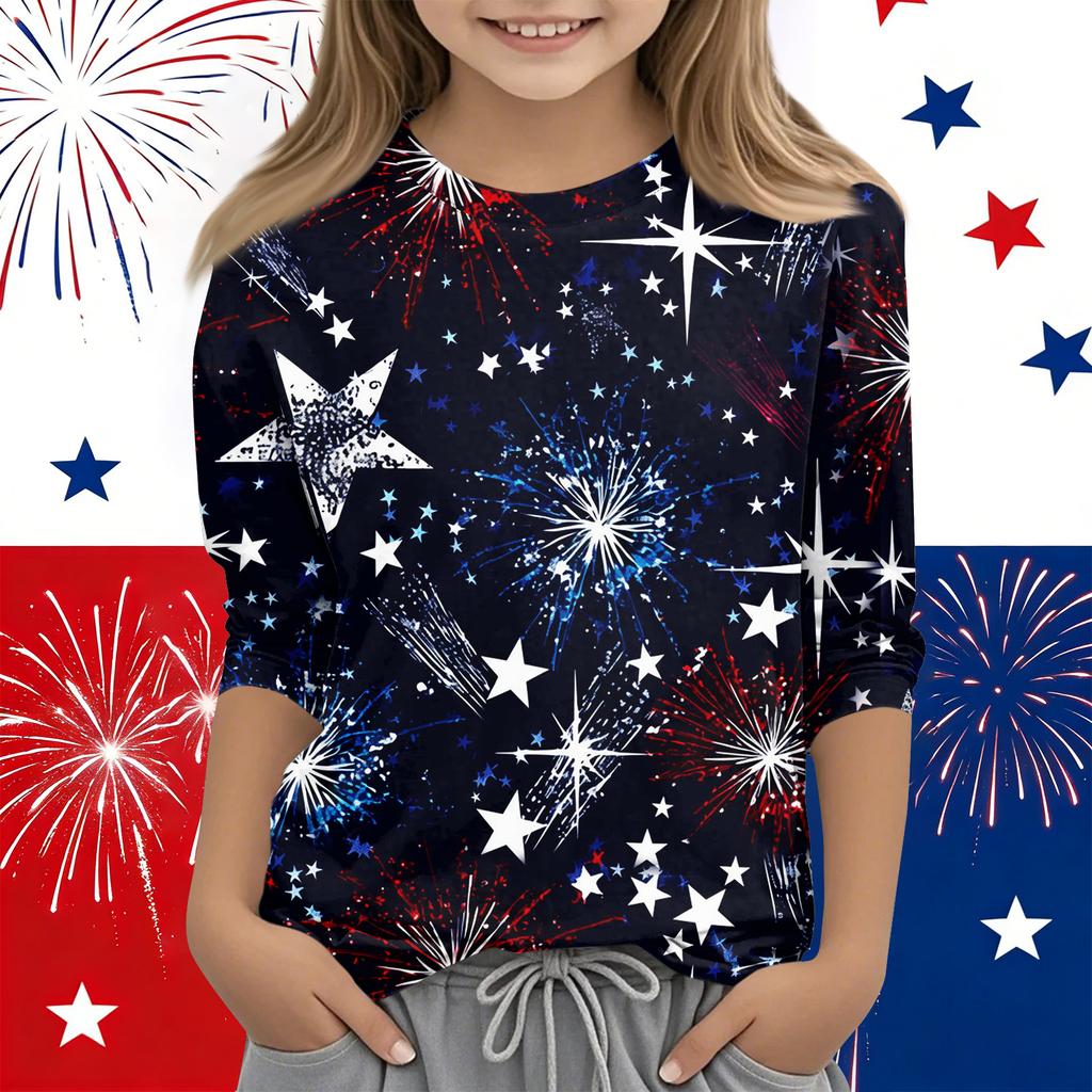 Print Tops For Youth Girls Round Neck 3/4 Sleeves T-Shirts Trendy Tops Outfit Tees Independence Day