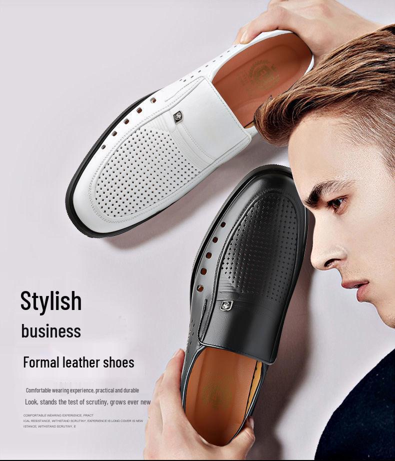 Мужские летние деловые кожаные сандалии: Дышащие, Мягкая подошва, Нескользящие, Полый дизайн, Идеально для папы среднего возраста.