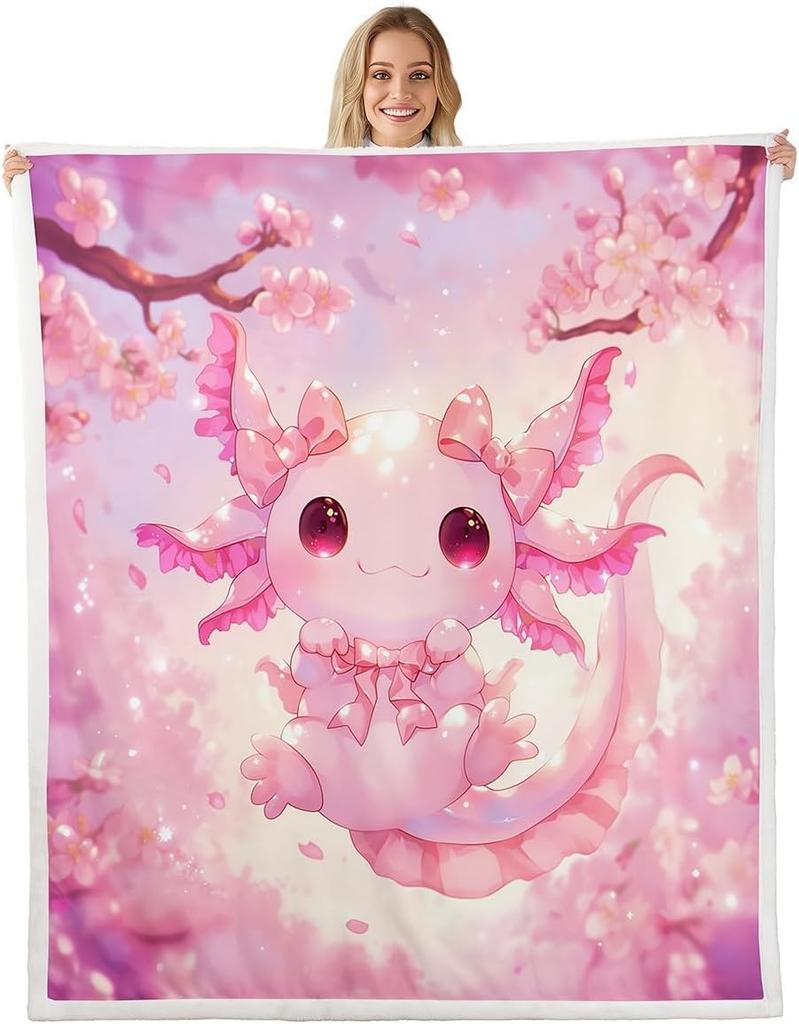 Cute Pink Axolotl Blanket Soft Fleece Throw Cherry Blossom Design Fantasy Art Kids Room Decor