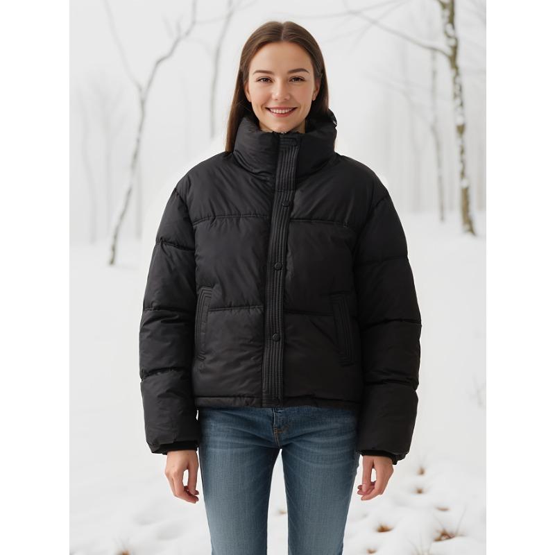 Женское осенне-зимнее стеганое теплое однотонное короткое хлопковое пальто с воротником-стойкой