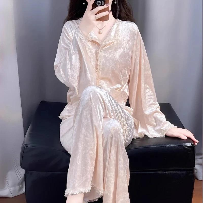 Новая женская мягкая велюровая пижама из 2 предметов, женский пижамный комплект с лацканами, наряды из французского бархата для дома