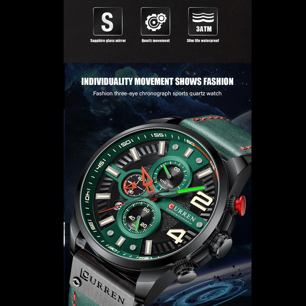 CURREN Мужские кожаные наручные часы с хронографом, модные зеленые мужские часы с дизайнерским циферблатом