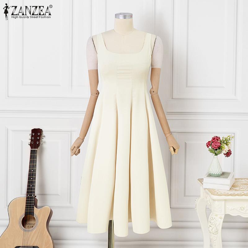 ZANZEA Women Elegant Square Neck Sleeveless Waisted A-Line Suspender Dress