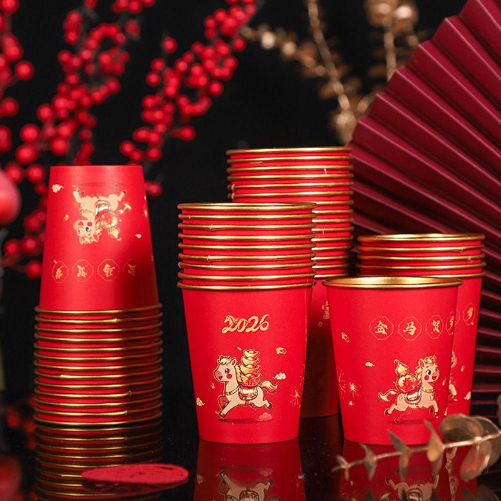 50pcs Horse Pattern 2026 Spring Festival Disposable Cup Anti-scalding Gold Foil Drinking Tea Cup Thickened Chinese Style