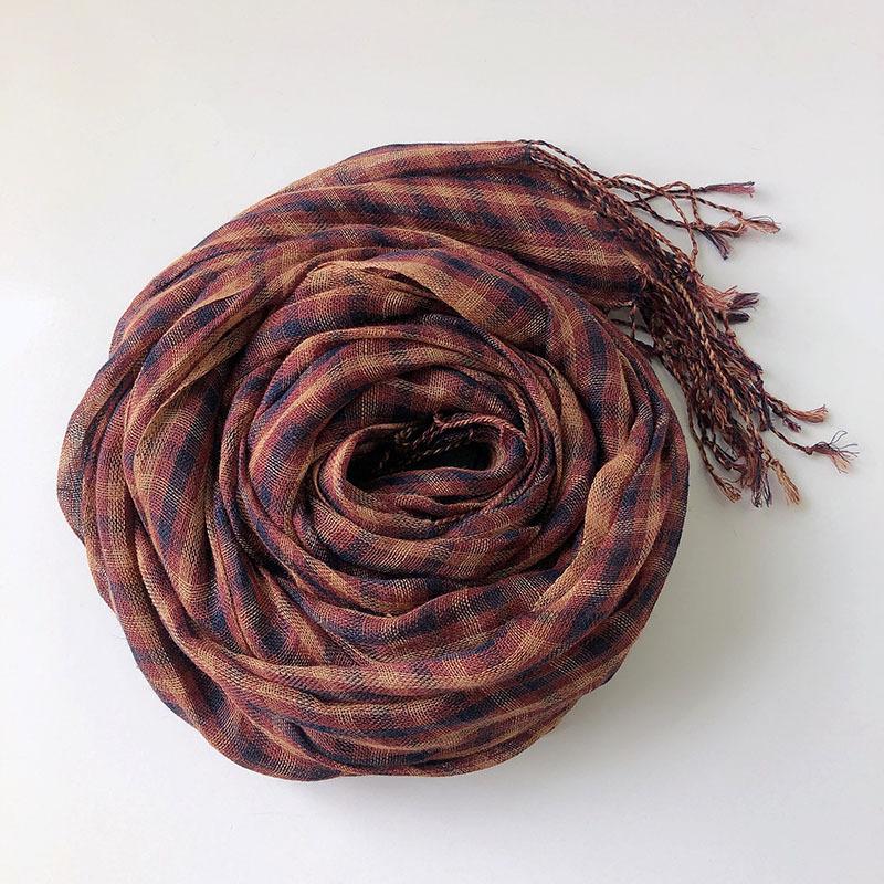 Синий Льняной Шарф в Мелкую Клетку Тонкий Дышащий Защитник Шеи Шелковый Шарф Женский С Бахромой Длинная Шаль