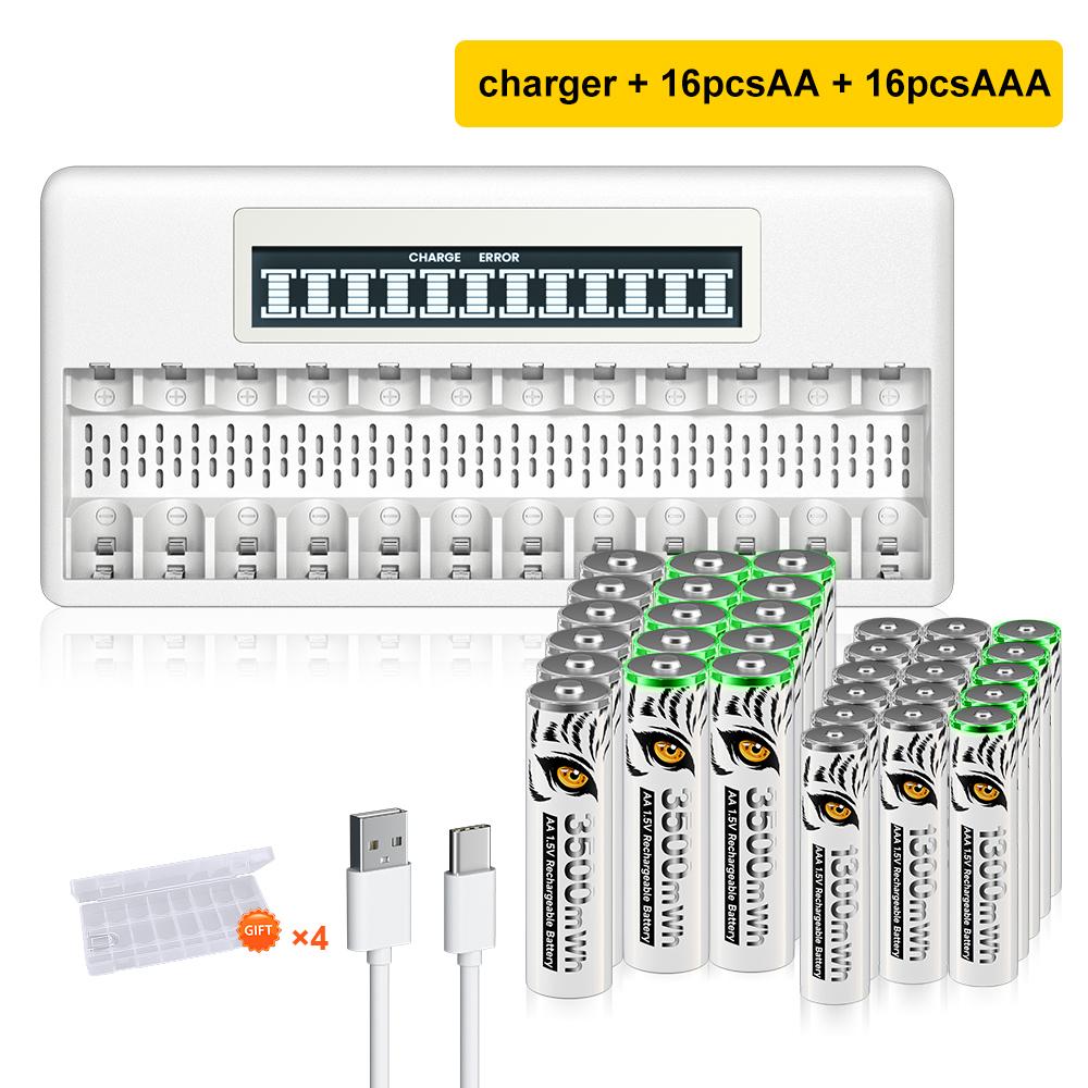 PALO 4-40 Pcs Rechargeable AA+AAA 1.5V Li-ion Batteries 3500+1300 mWh HR6 HR03 Battery with 12 Slots LCD USB 1.5V Li-ion Battery Charger