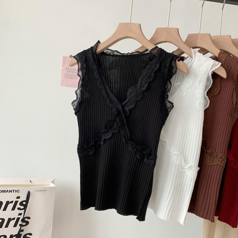 Летний новый сексуальный кружевной жилет-халтер для женщин, верхняя часть с V-образным вырезом, шелковый утягивающий трикотаж