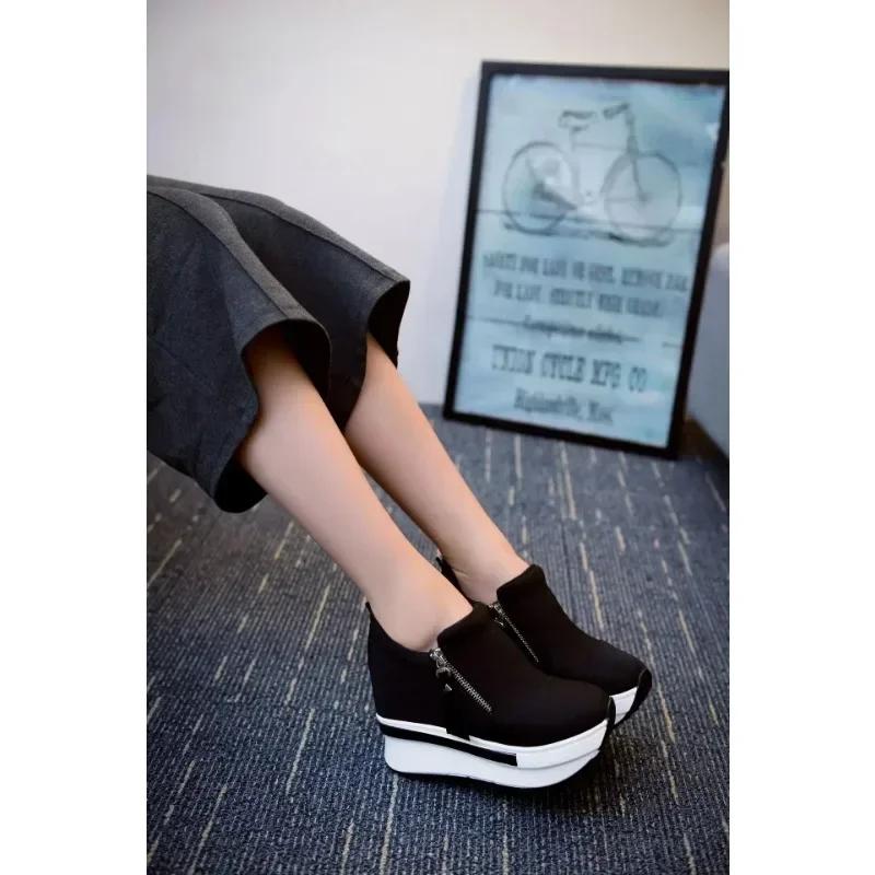 Мода 2024 Новые кроссовки на платформе Женская обувь Красная Повседневная обувь Удобные каблуки Черные парусиновые туфли Женские кроссовки на скрытой танкетке